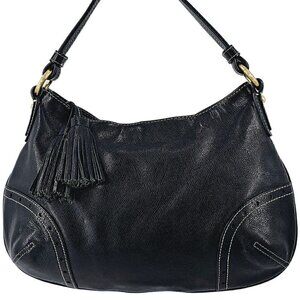 TALBOTS Black Glazed Textured Leather Hobo Shoulder Bag Silver Hardware Tassel